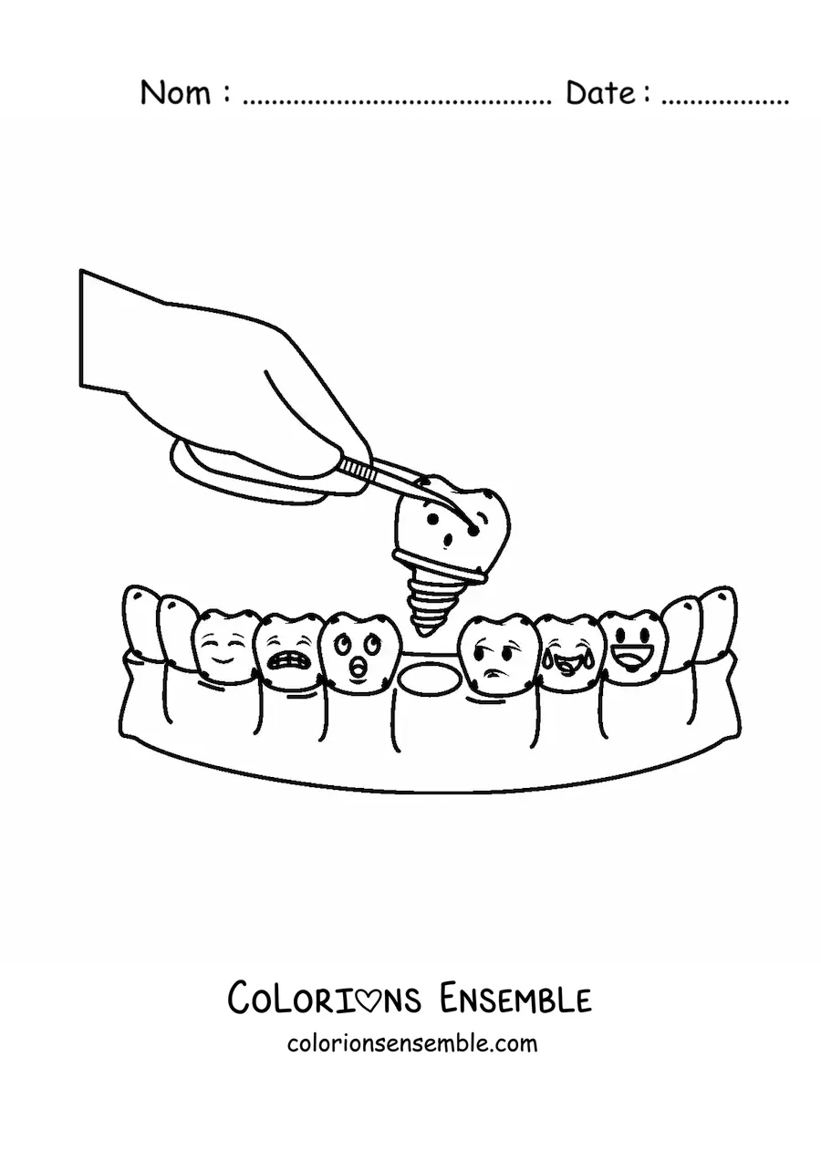 Coloriage d'une dent rigolote en train d'être extraite par le dentiste
