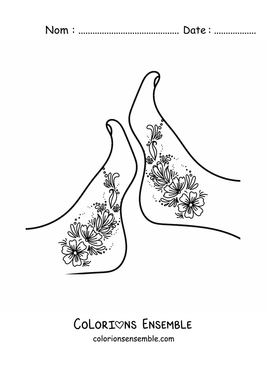 Coloriage d'une jolie paire de pieds de femme avec des tatouages de fleurs