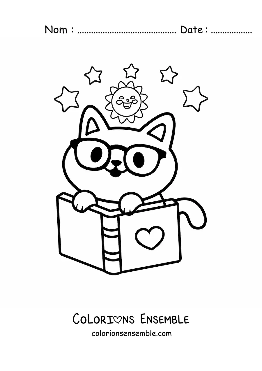 Coloriage d'un chat kawaii avec un livre ouvert