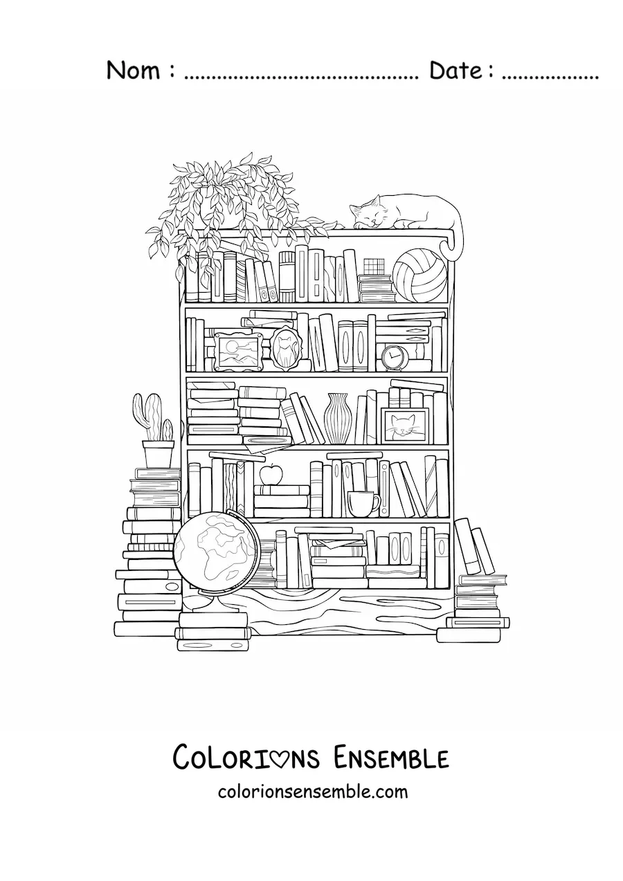 Coloriage de plusieurs livres rangés dans une bibliothèque