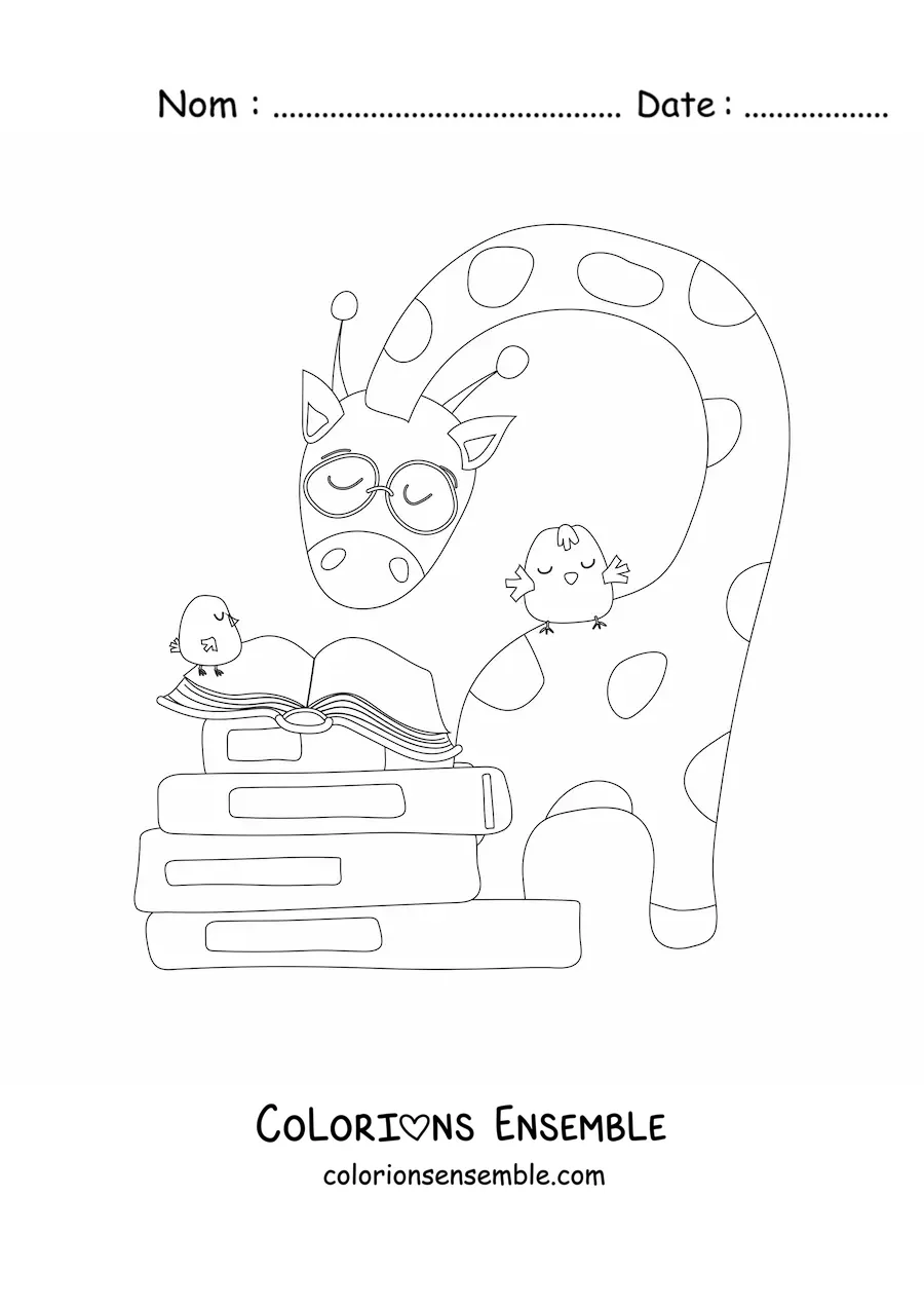 Coloriage d'une girafe rigolote lisant un livre à côté de quelques oiseaux