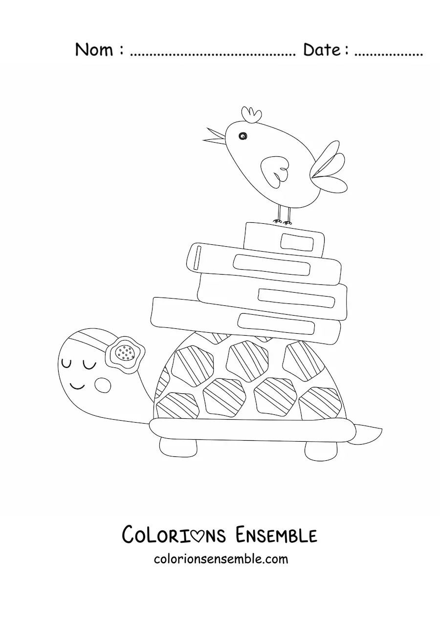 Coloriage d'une tortue rigolote portant une pile de livres sur sa carapace