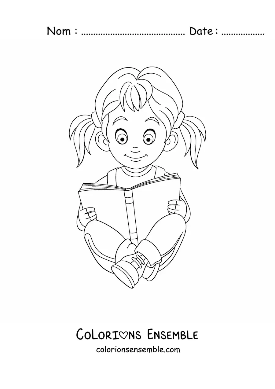 Coloriage d'une petite fille assise en train de lire un livre