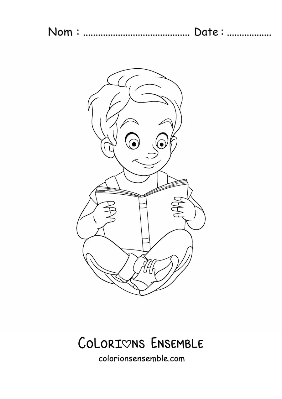 Coloriage d'un petit garçon assis en train de lire un livre
