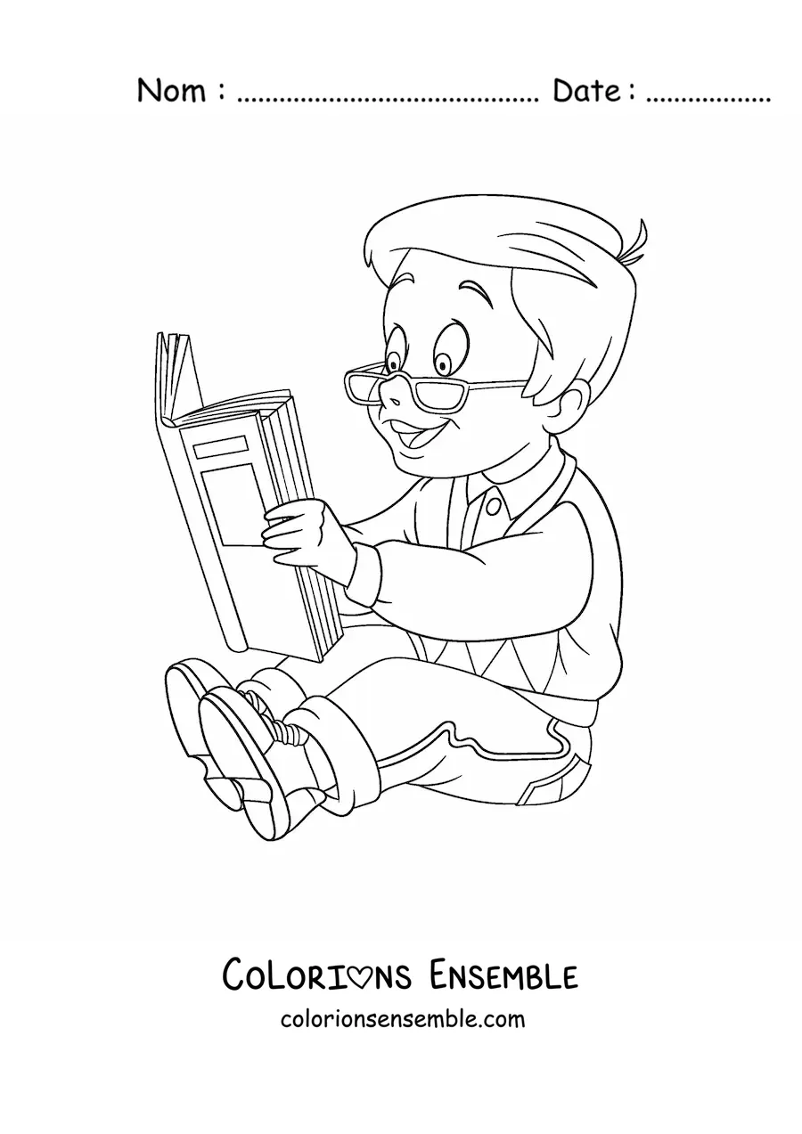Coloriage d'un petit garçon à lunettes en train de lire un livre