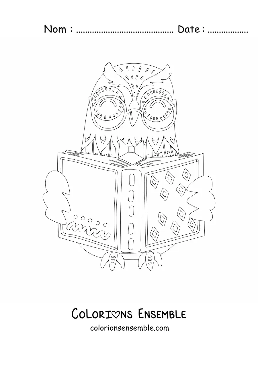 Coloriage d'un hibou rigolo en train de lire un livre