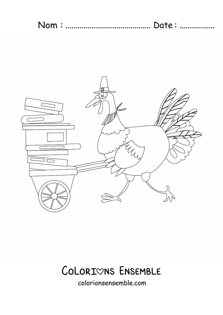 Coloriage d'une dinde rigolote avec des livres empilés dans une brouette