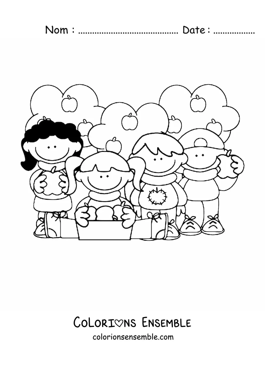 Image à colorier d’enfants mangeant des pommes avec des pommiers en arrière-plan