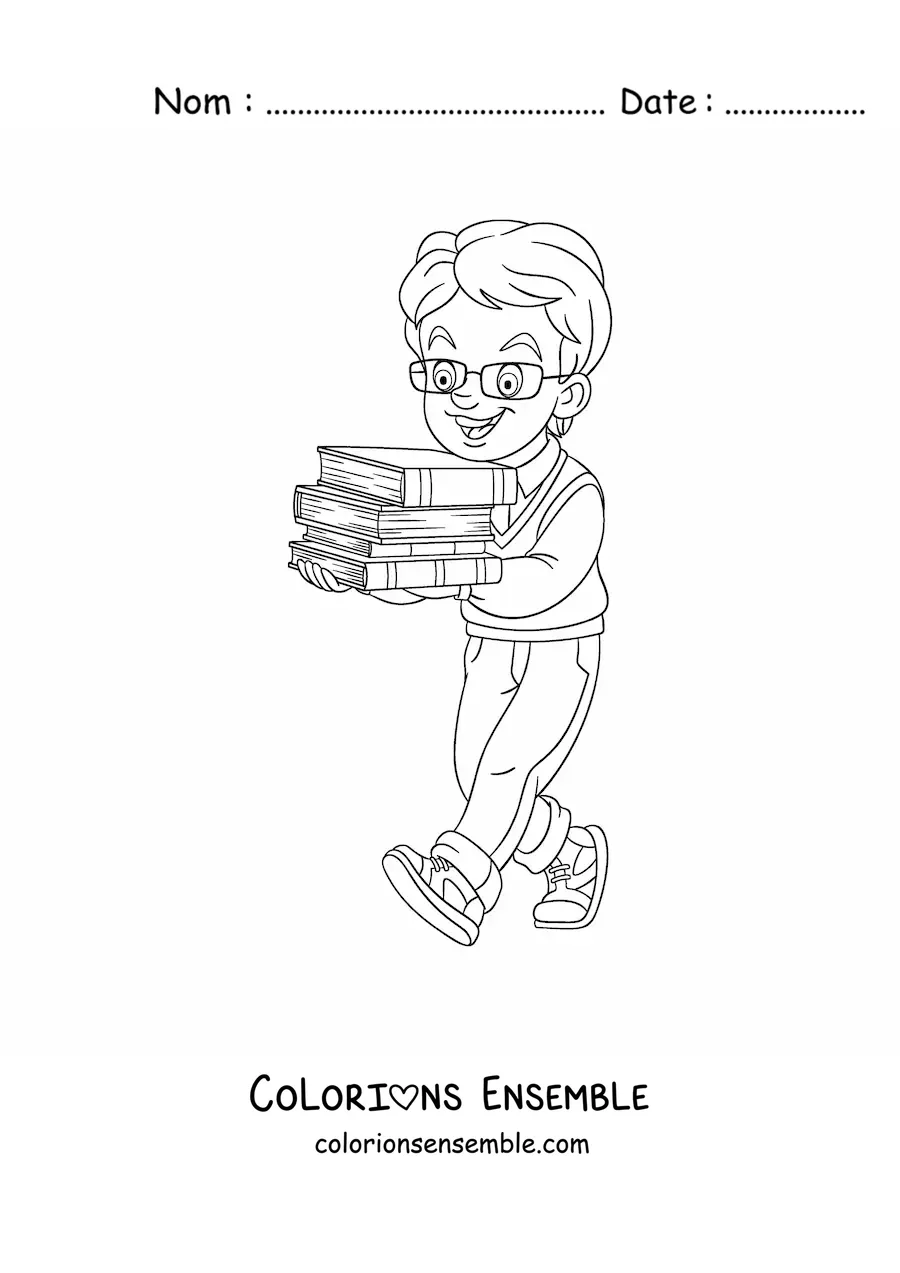 Coloriage d'un petit garçon portant plusieurs livres empilés