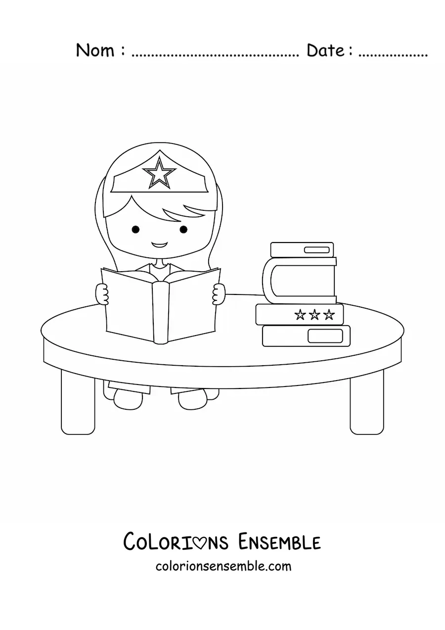 Coloriage d'une petite fille super-héroïne kawaii en train de lire un livre