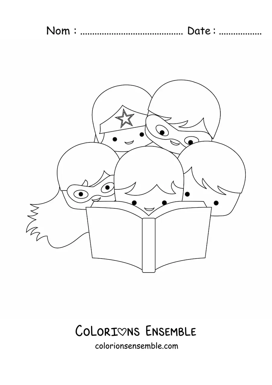 Coloriage de plusieurs enfants super-héros lisant un livre ensemble