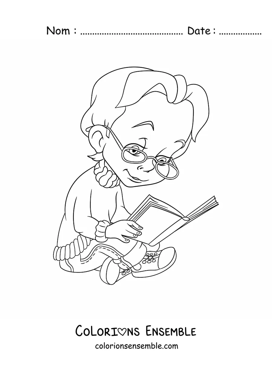 Coloriage d'une petite fille à lunettes assise en train de lire un livre