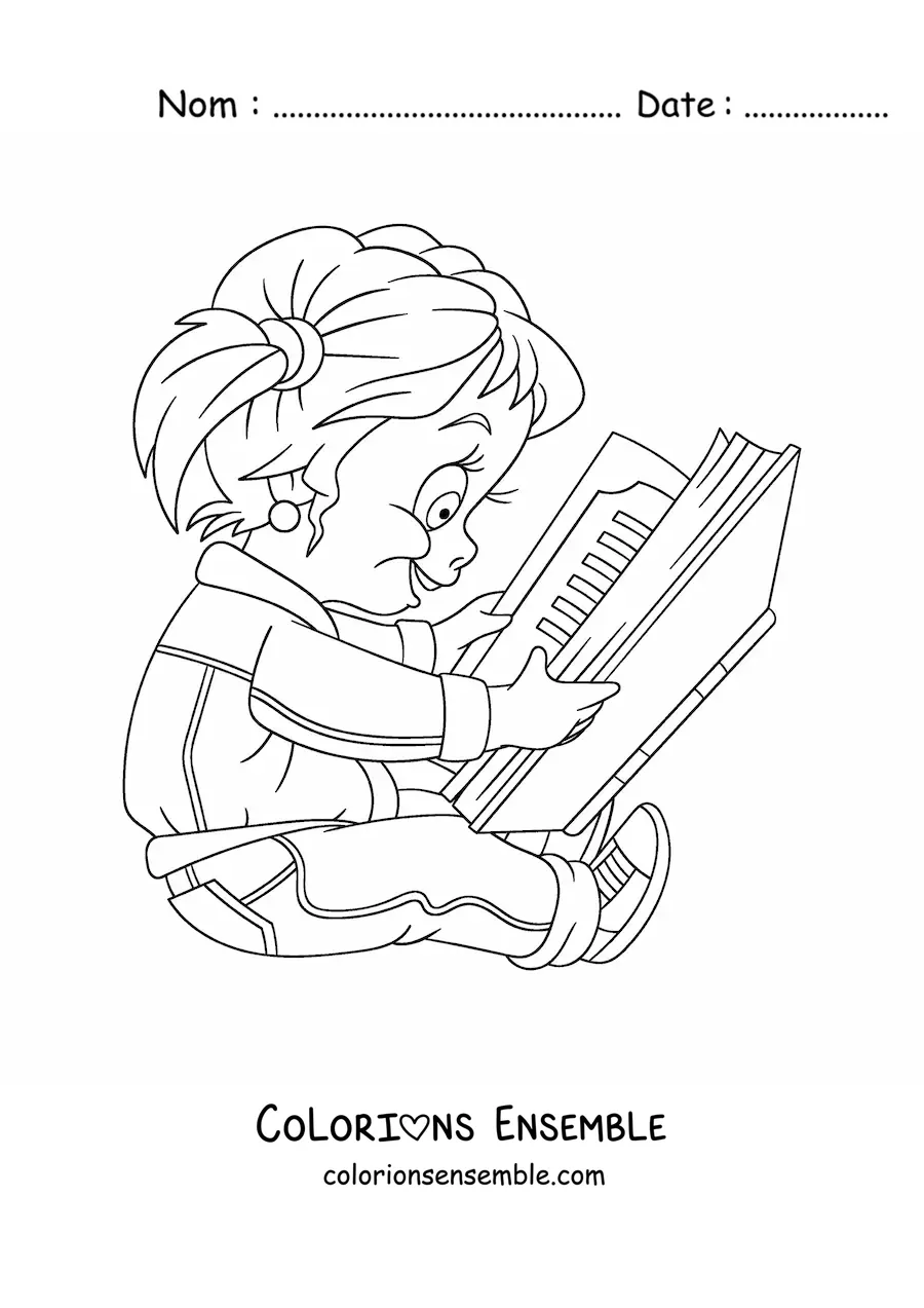 Coloriage d'une petite fille en train de lire un livre