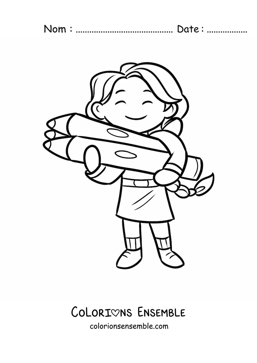 Coloriage d'une petite fille kawaii tenant trois crayons de couleur géants
