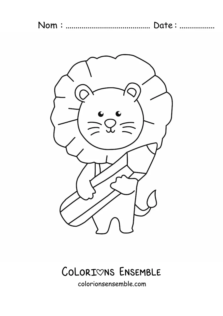 Coloriage d'un lion kawaii tenant un crayon