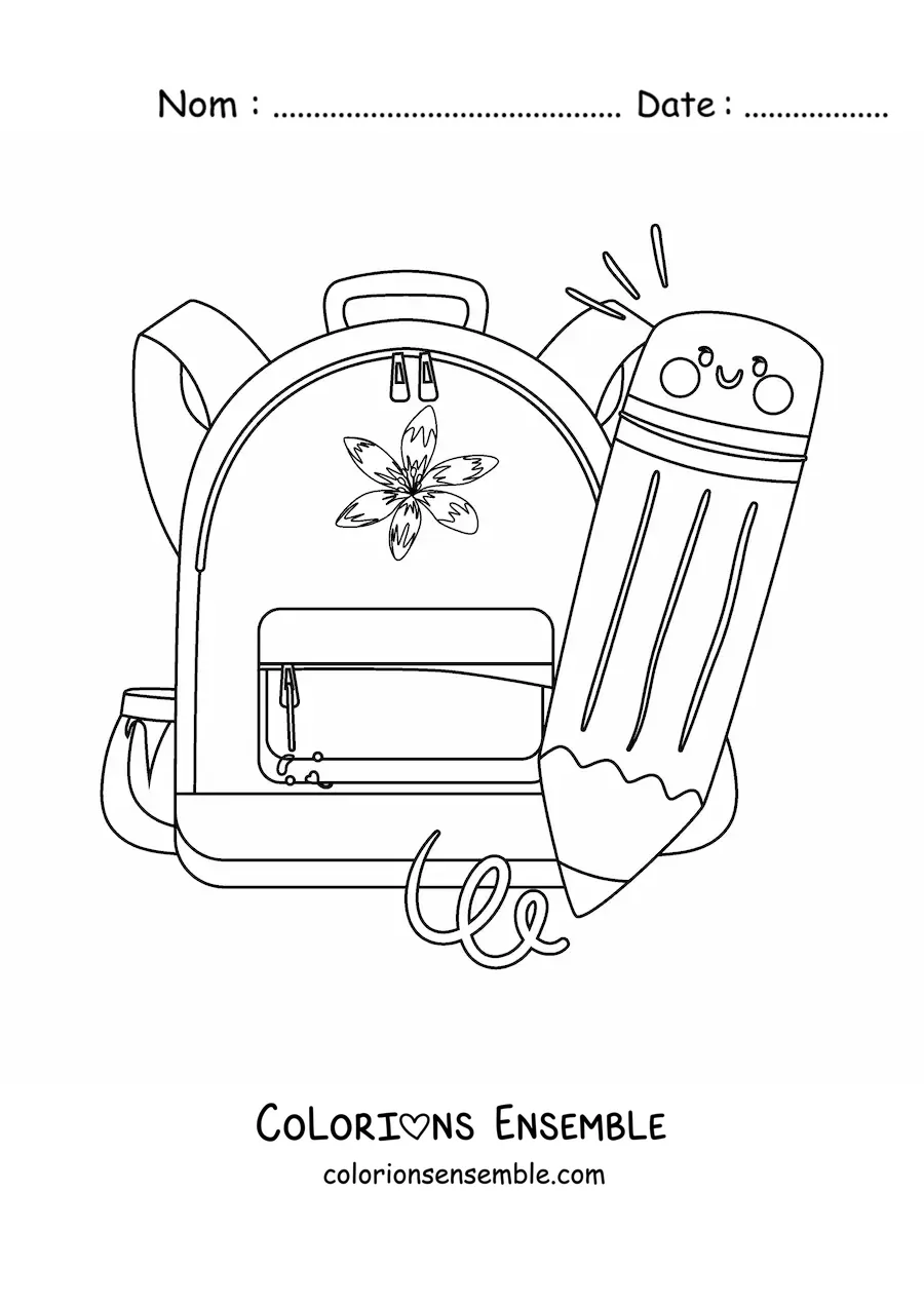 Coloriage d'un crayon kawaii rigolo à côté d'un cartable