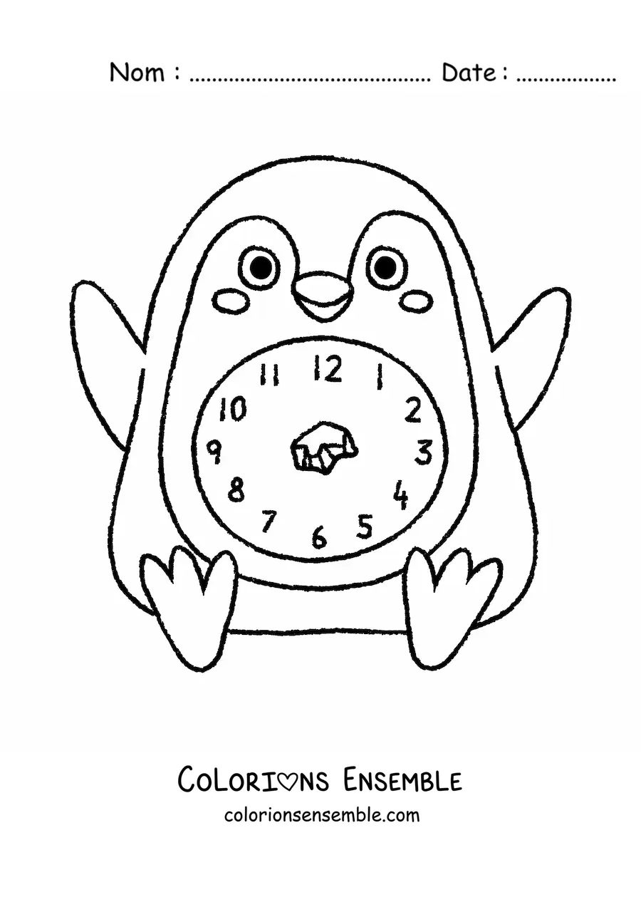 Coloriage d'une horloge en forme de pingouin kawaii
