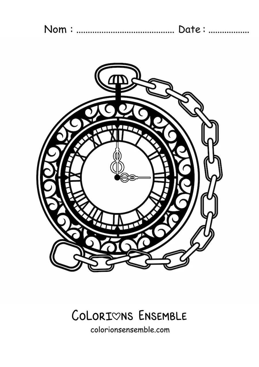 Image à colorier d’une montre de poche qui indique l’heure
