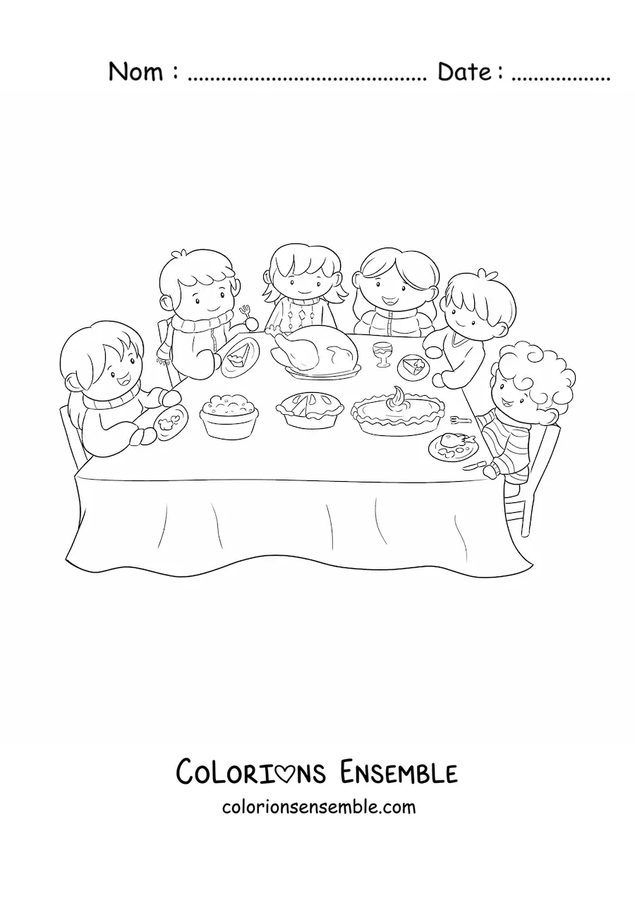 Image à colorier d’une famille qui dîne à une table avec une nappe