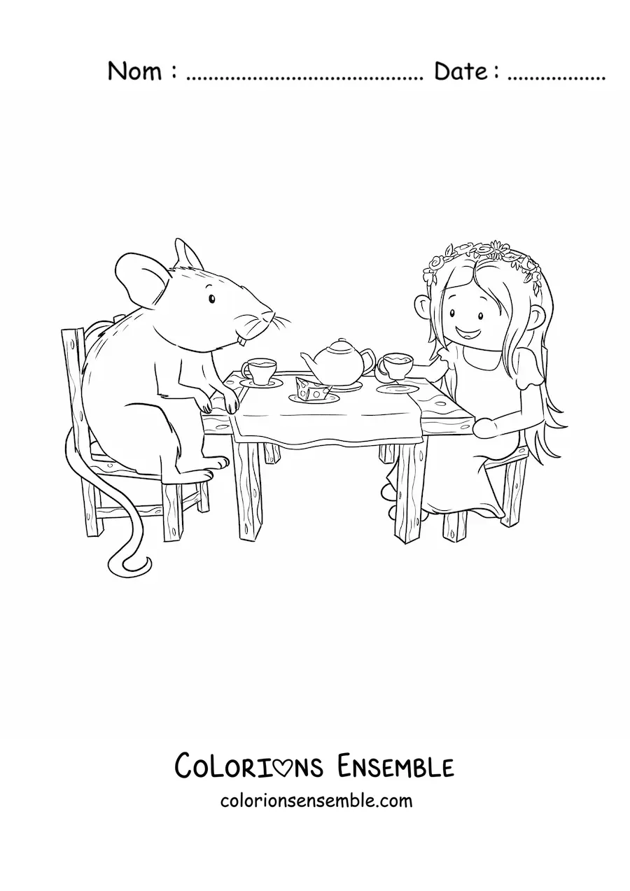 Image à colorier d’une fillette et d’une petite souris animée qui prennent le thé à une table en bois