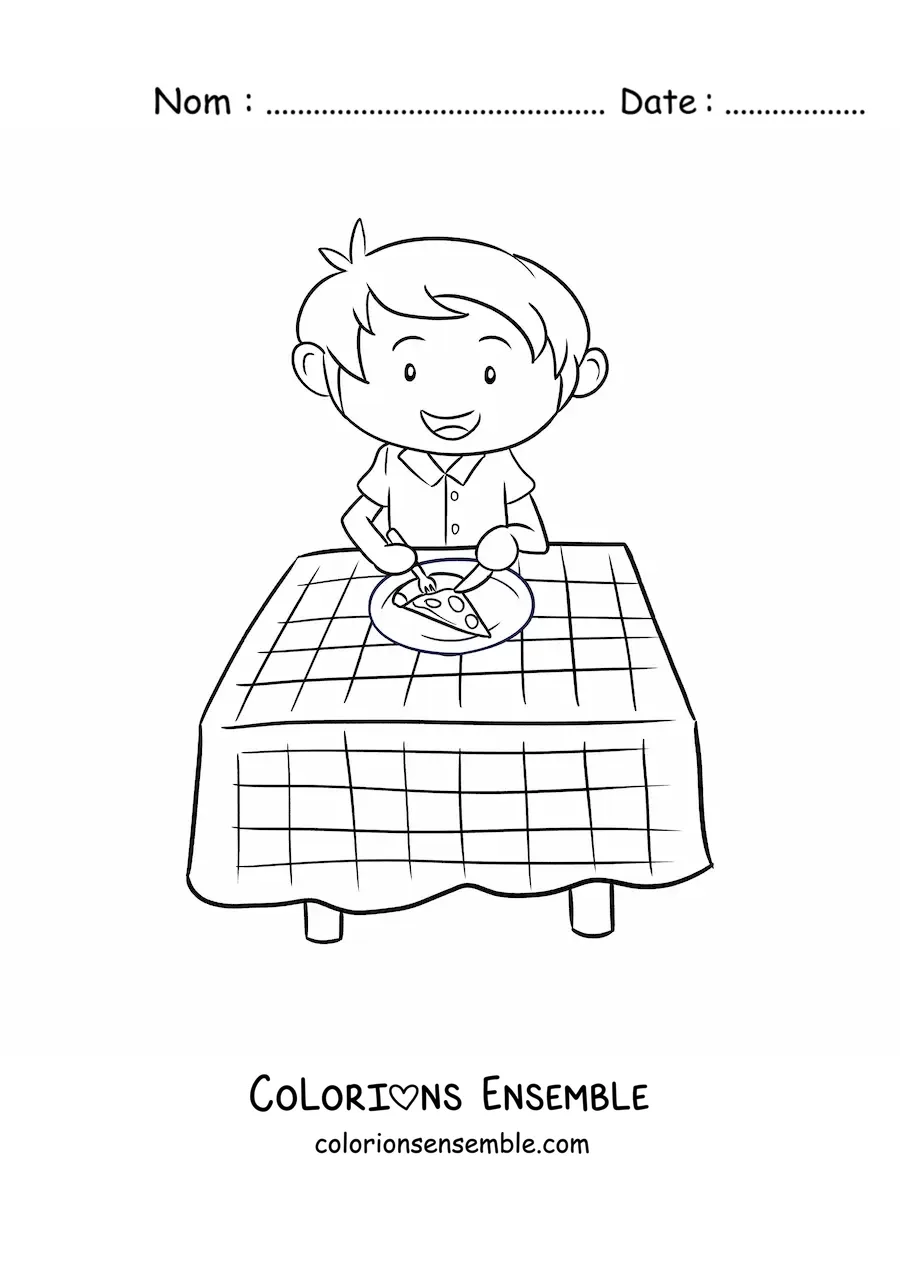 Image à colorier d’un garçon qui mange une pizza à une table avec une nappe à carreaux