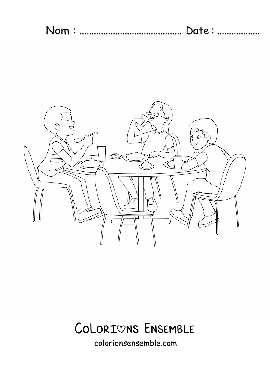 Image à colorier de trois enfants qui mangent à table