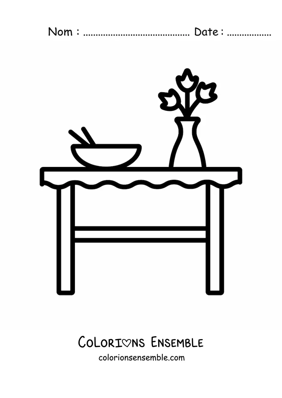 Image à colorier d’une table avec un vase et une assiette