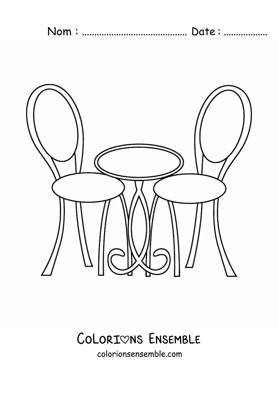 Image à colorier d’une table de café avec deux chaises