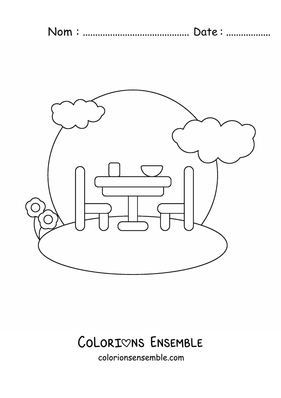 Image à colorier d’une table avec des chaises dans un jardin