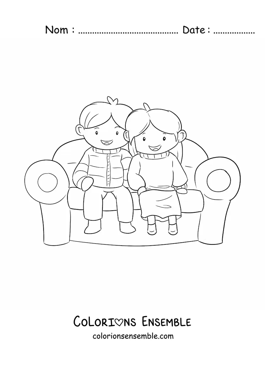 Image à colorier d’un couple kawaii assis sur un fauteuil