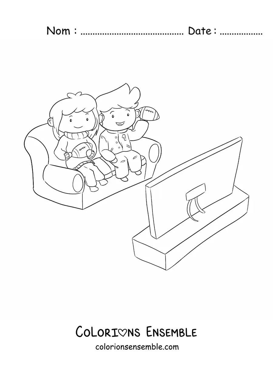 Image à colorier de deux enfants qui regardent un match de football assis sur un fauteuil