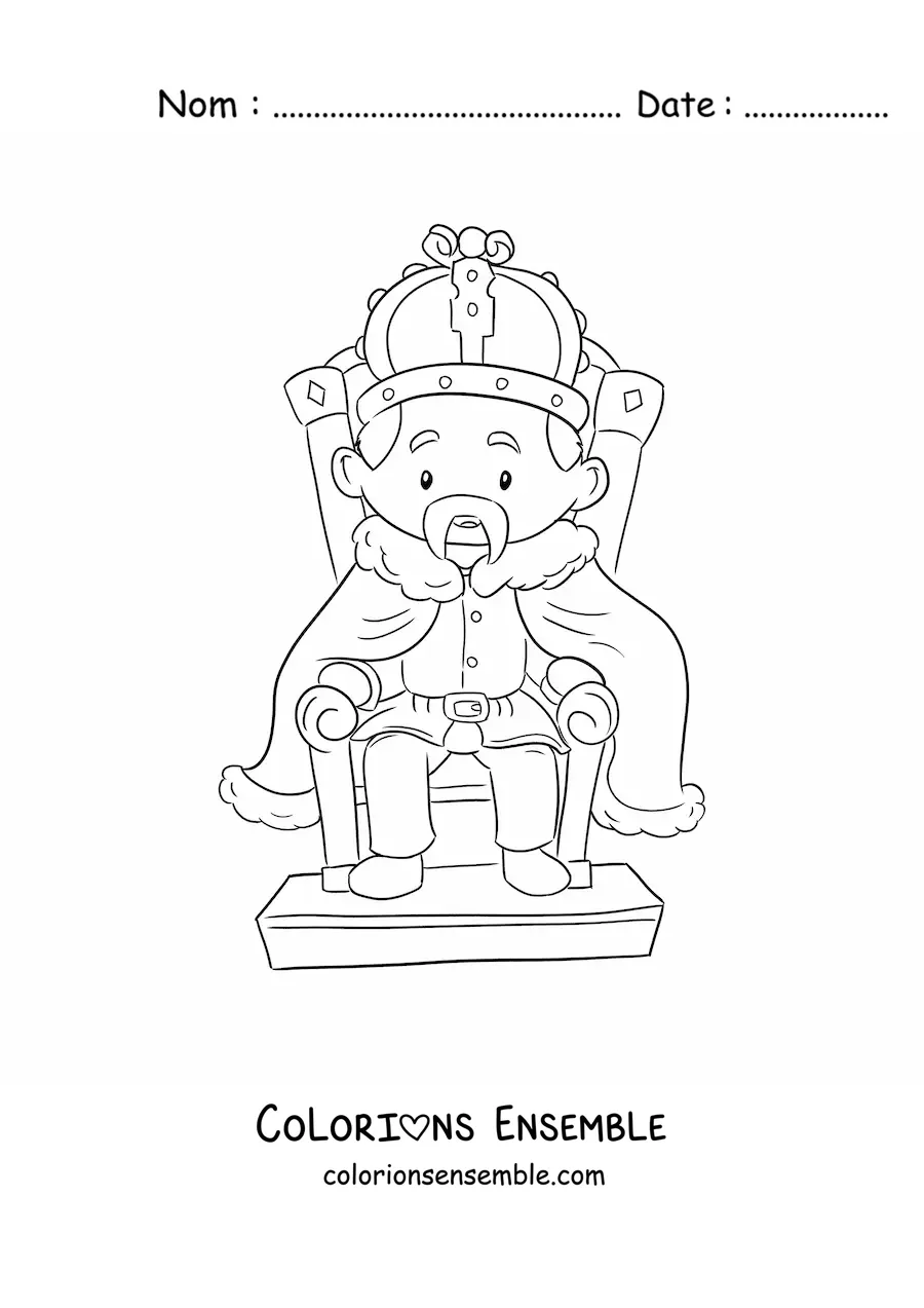 Image à colorier d’un roi kawaii assis sur un trône
