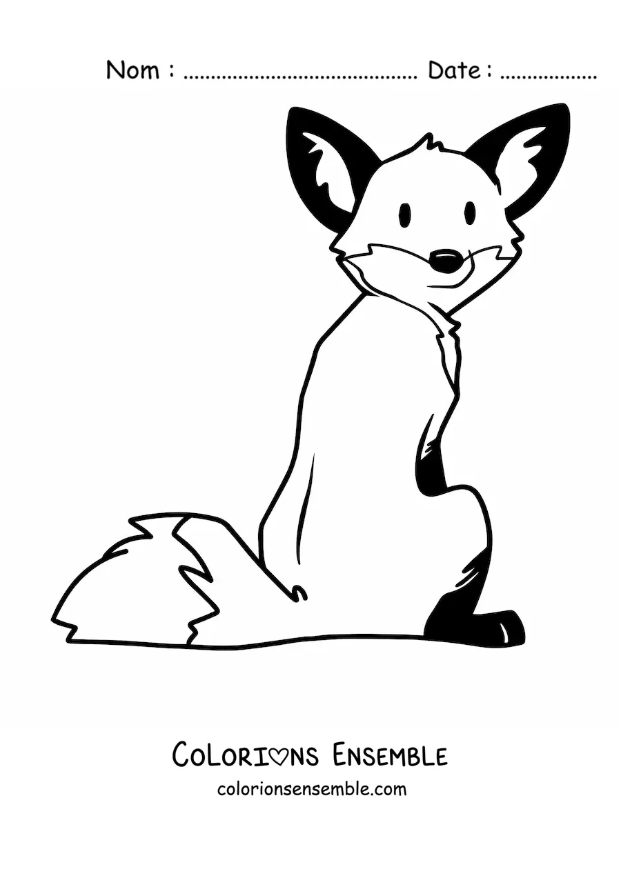 Coloriage d'un renard de dessin animé assis de dos, la tête tournée vers l'arrière
