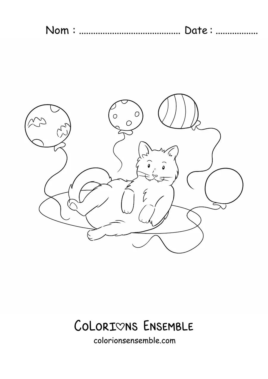 Image à colorier d’un chat kawaii avec quatre ballons