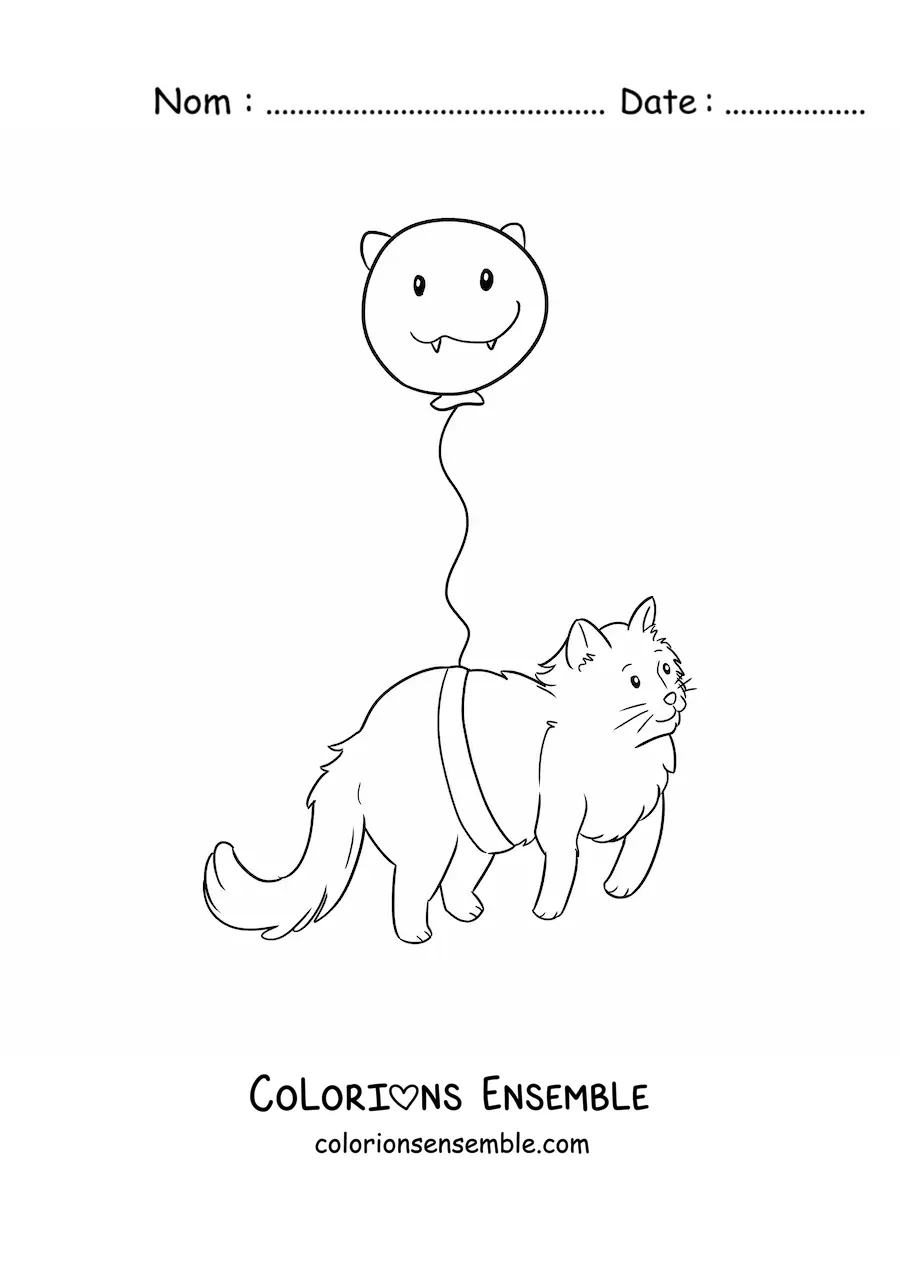 Image à colorier d’un chat kawaii attaché à un ballon
