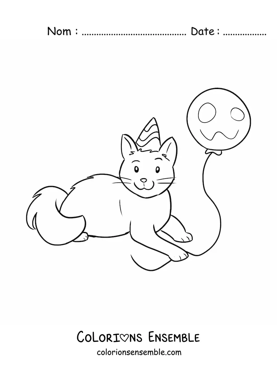 Image à colorier d’un chat kawaii avec un ballon de fête