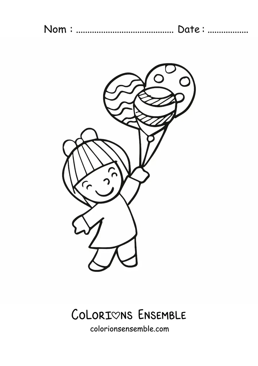 Image à colorier d’une fille qui tient trois ballons
