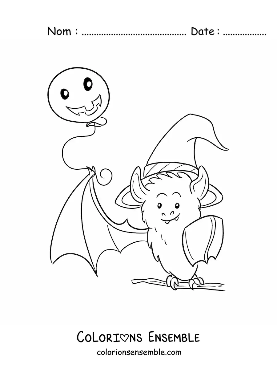 Image à colorier d’une chauve-souris kawaii avec un ballon d’Halloween
