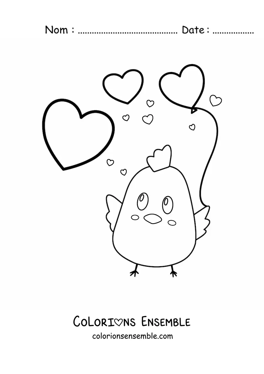 Image à colorier d’un poussin kawaii avec des ballons en forme de cœur