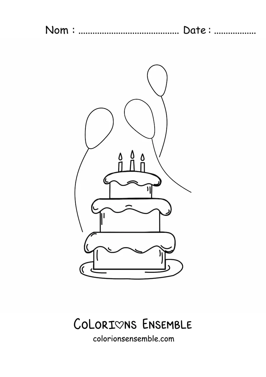 Image à colorier d’un gâteau d’anniversaire avec trois ballons