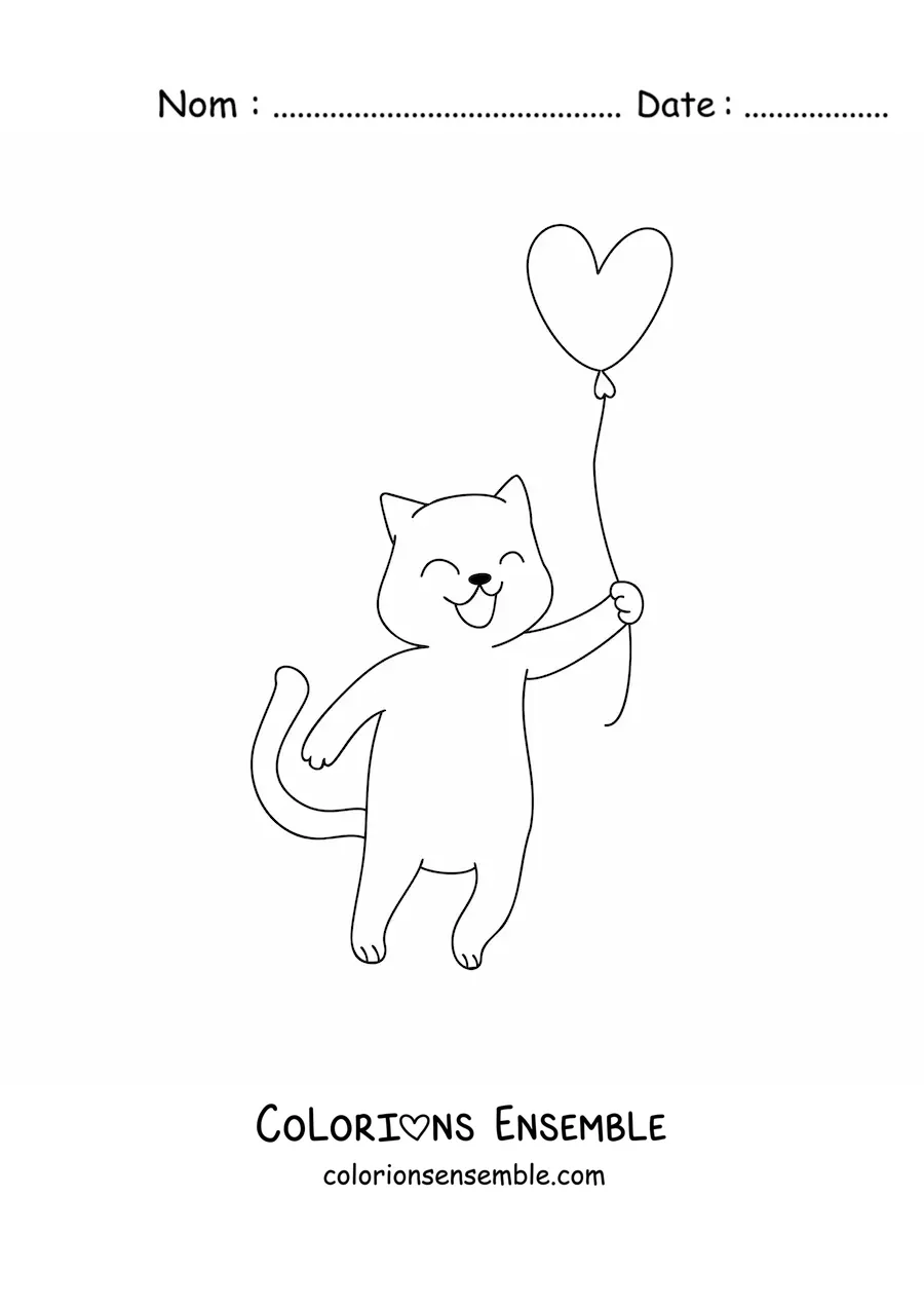 Image à colorier d’un chat animé avec un ballon en forme de cœur