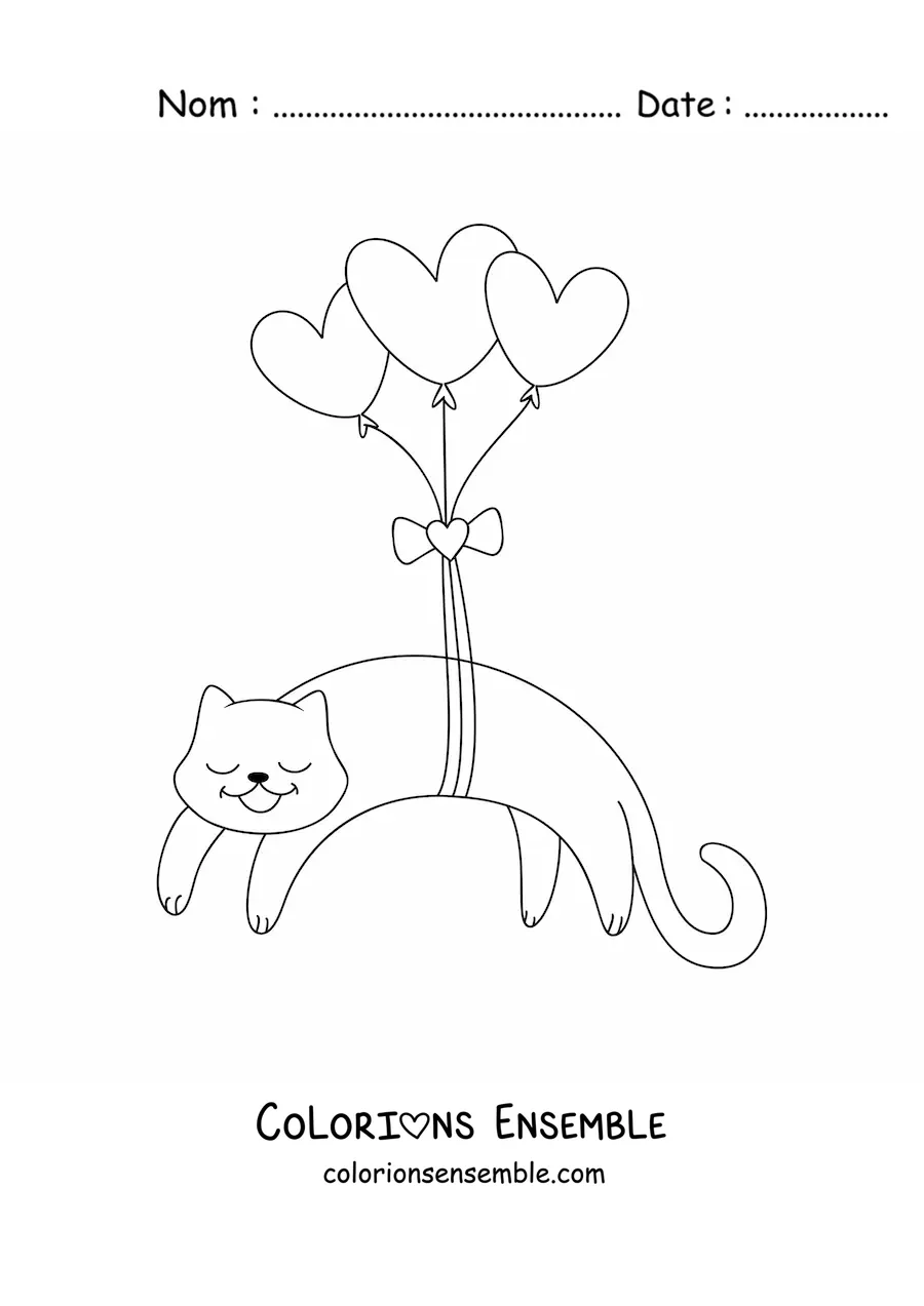 Image à colorier d’un chat animé attaché à trois ballons en forme de cœur
