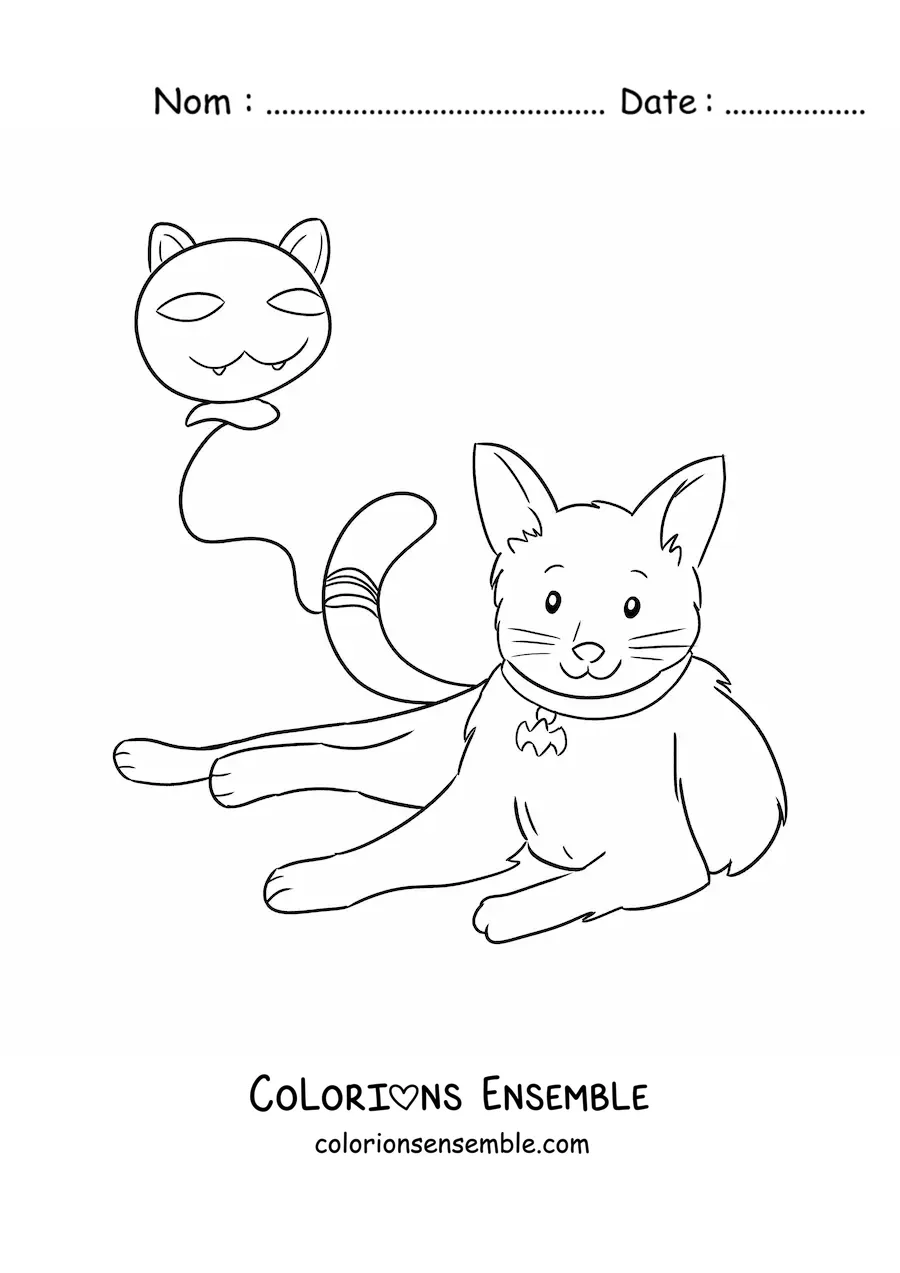 Image à colorier d’un chat kawaii avec un ballon en forme de chat