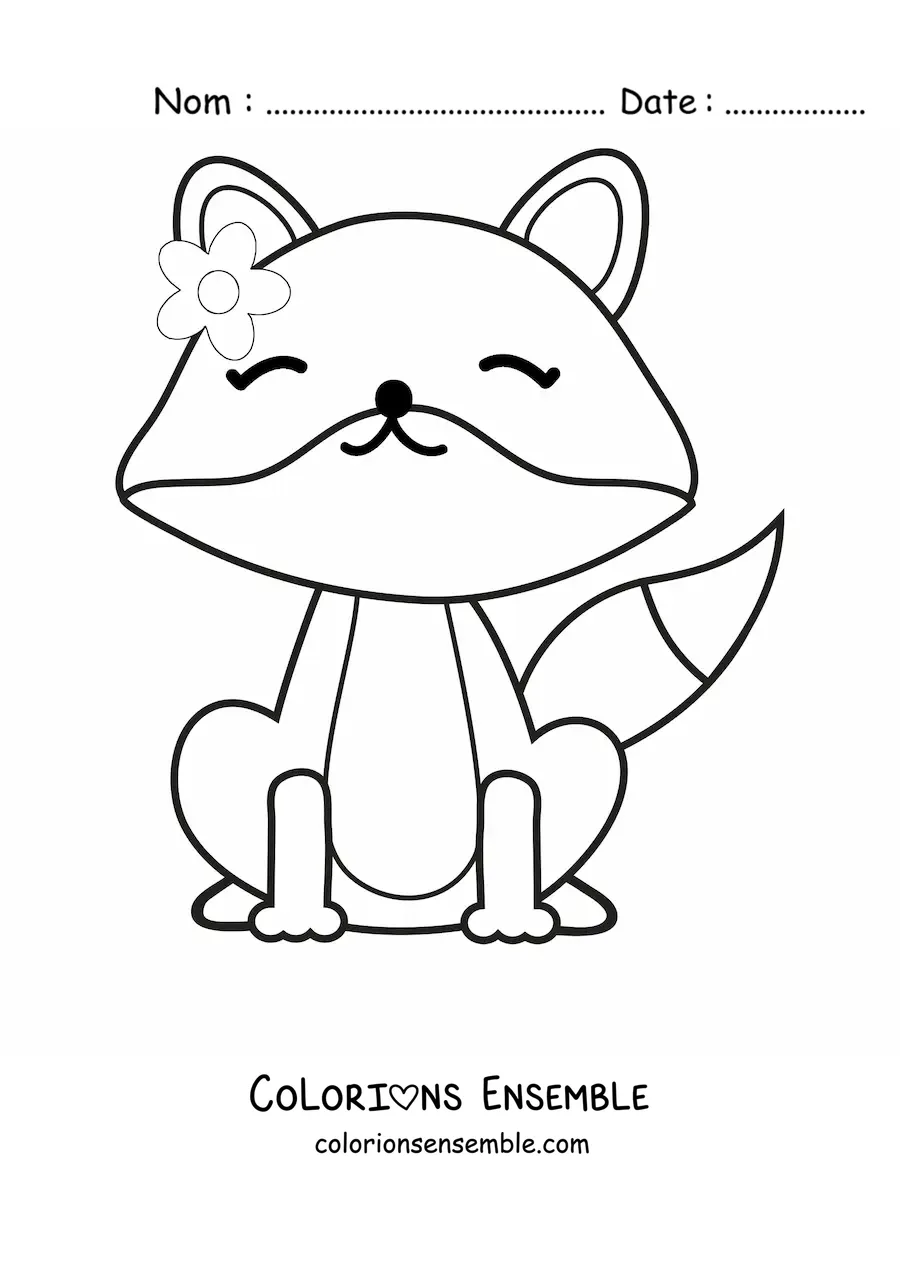 Coloriage d'un renard kawaii de dessin animé assis, avec une fleur sur la tête