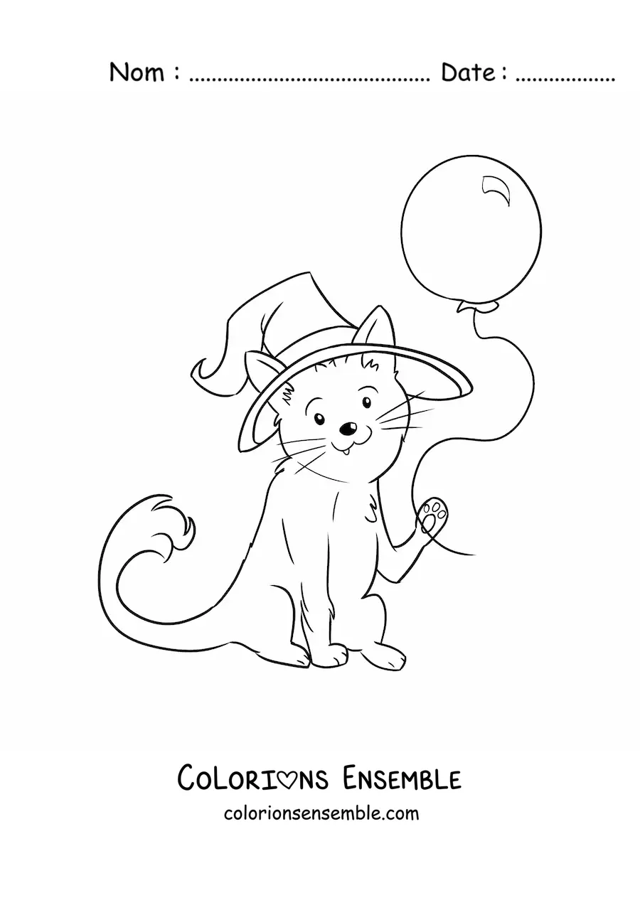 Image à colorier d’un chat kawaii déguisé avec un ballon d’Halloween