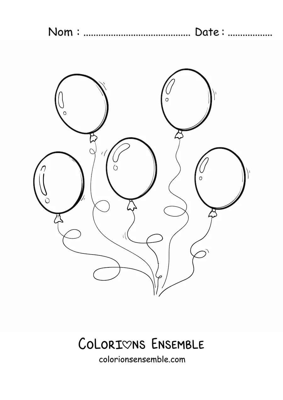 Image à colorier de cinq ballons d’anniversaire