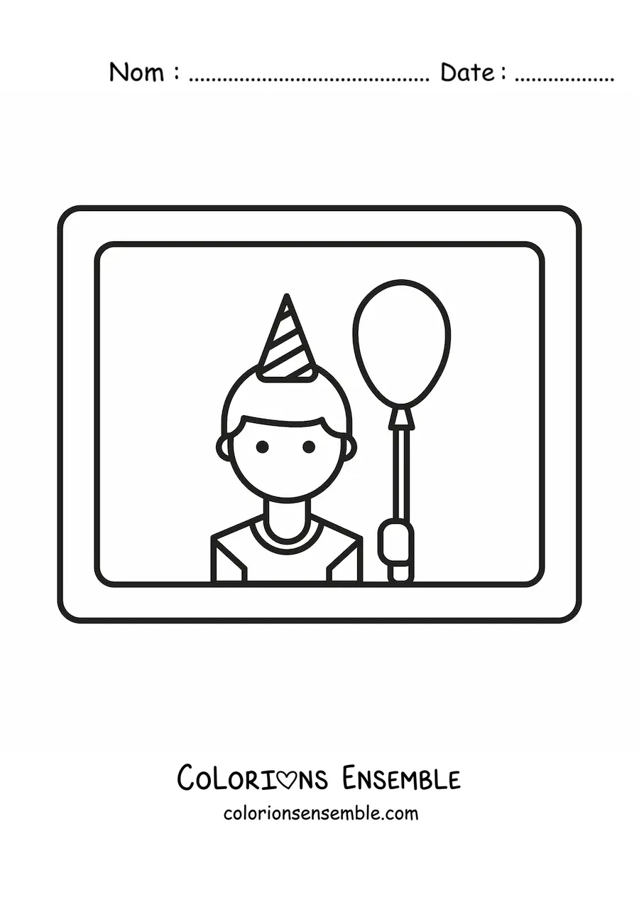 Image à colorier d’un garçon avec un ballon d’anniversaire