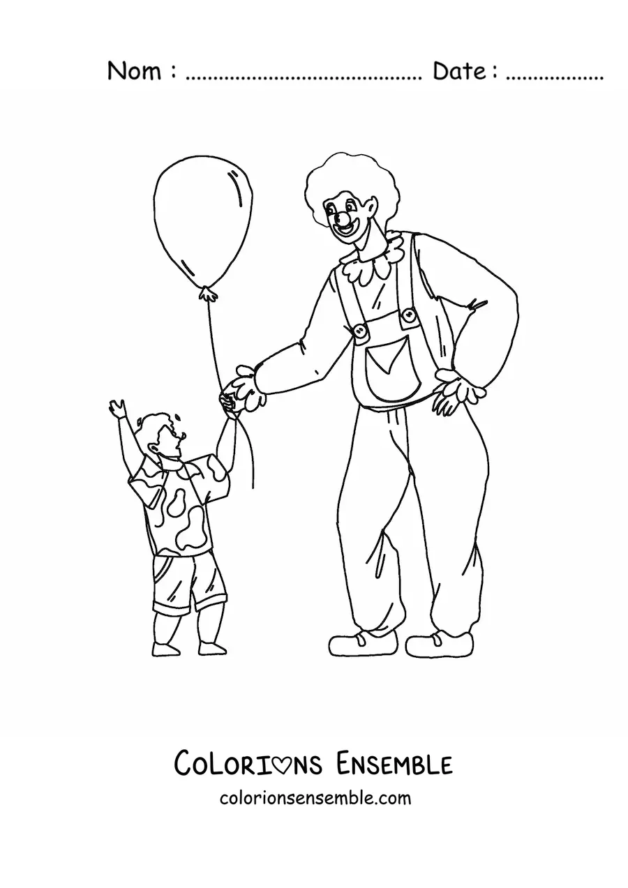 Image à colorier d’un clown qui offre un ballon à un garçon