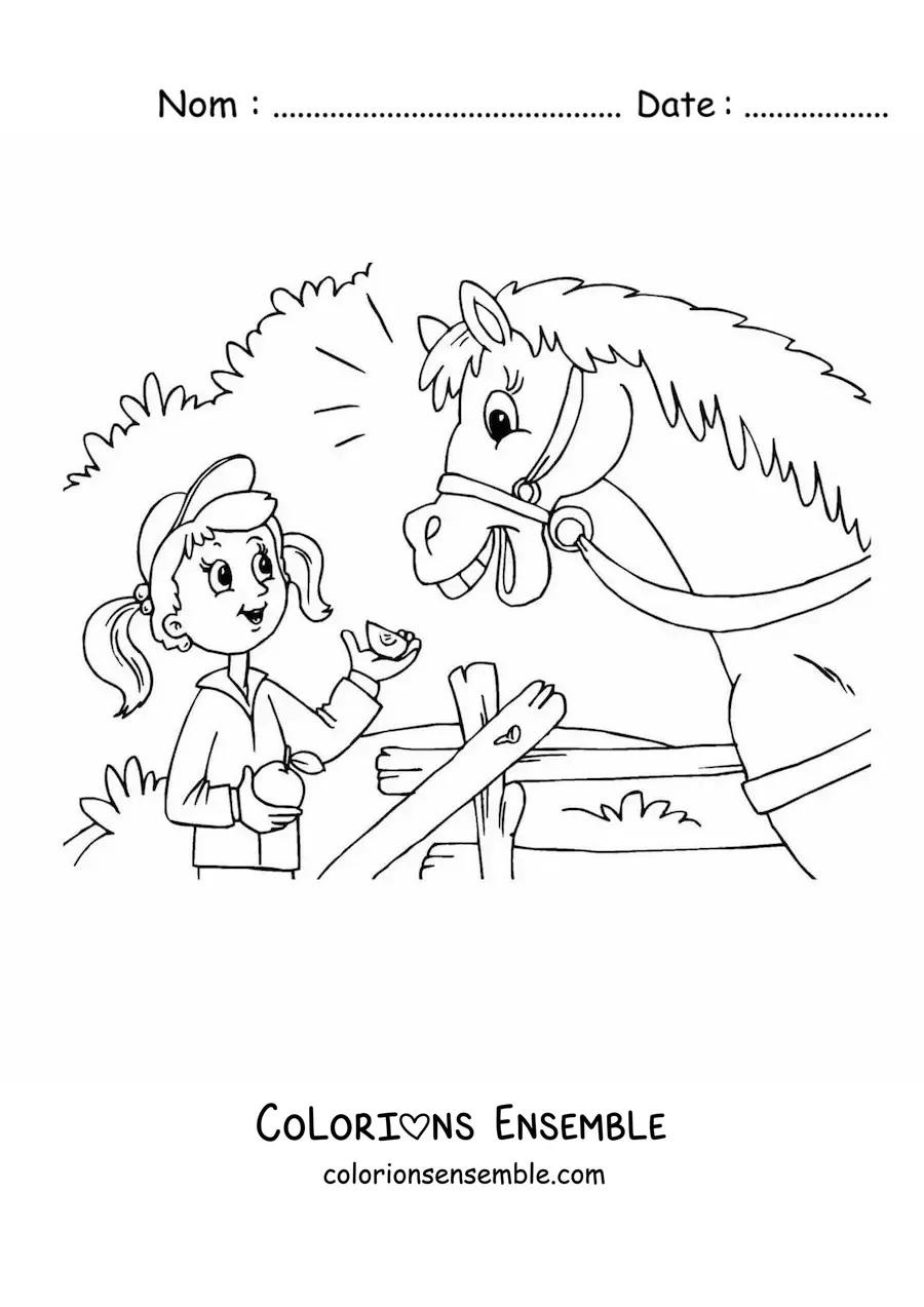 Image à colorier d’une fille donnant une pomme à un cheval