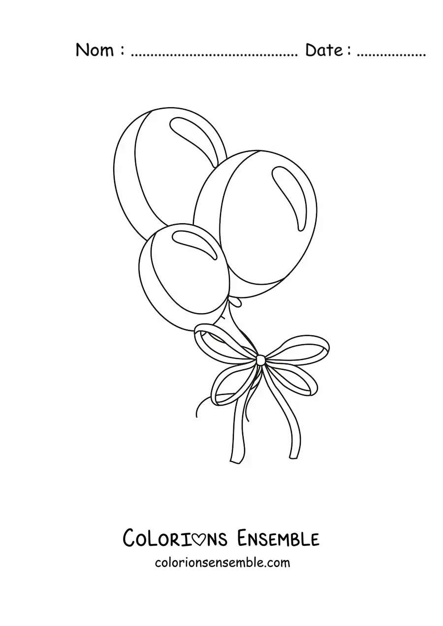 Image à colorier de trois ballons cadeau retenus par un ruban